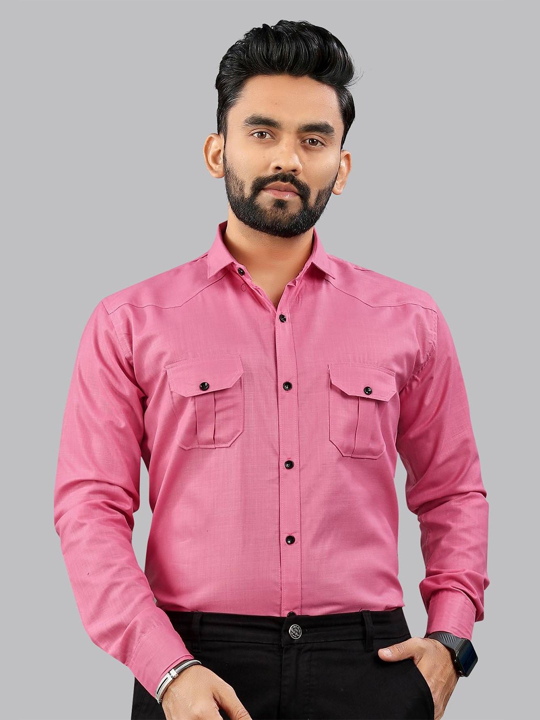 

IKON FASHION Men Original Fit Spread Collar Solid Cotton Casual Shirt, Pink
