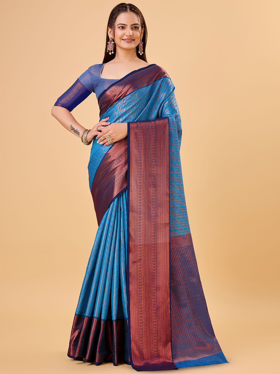 

bansari textiles Woven Design Zari Pure Cotton Banarasi Saree, Blue