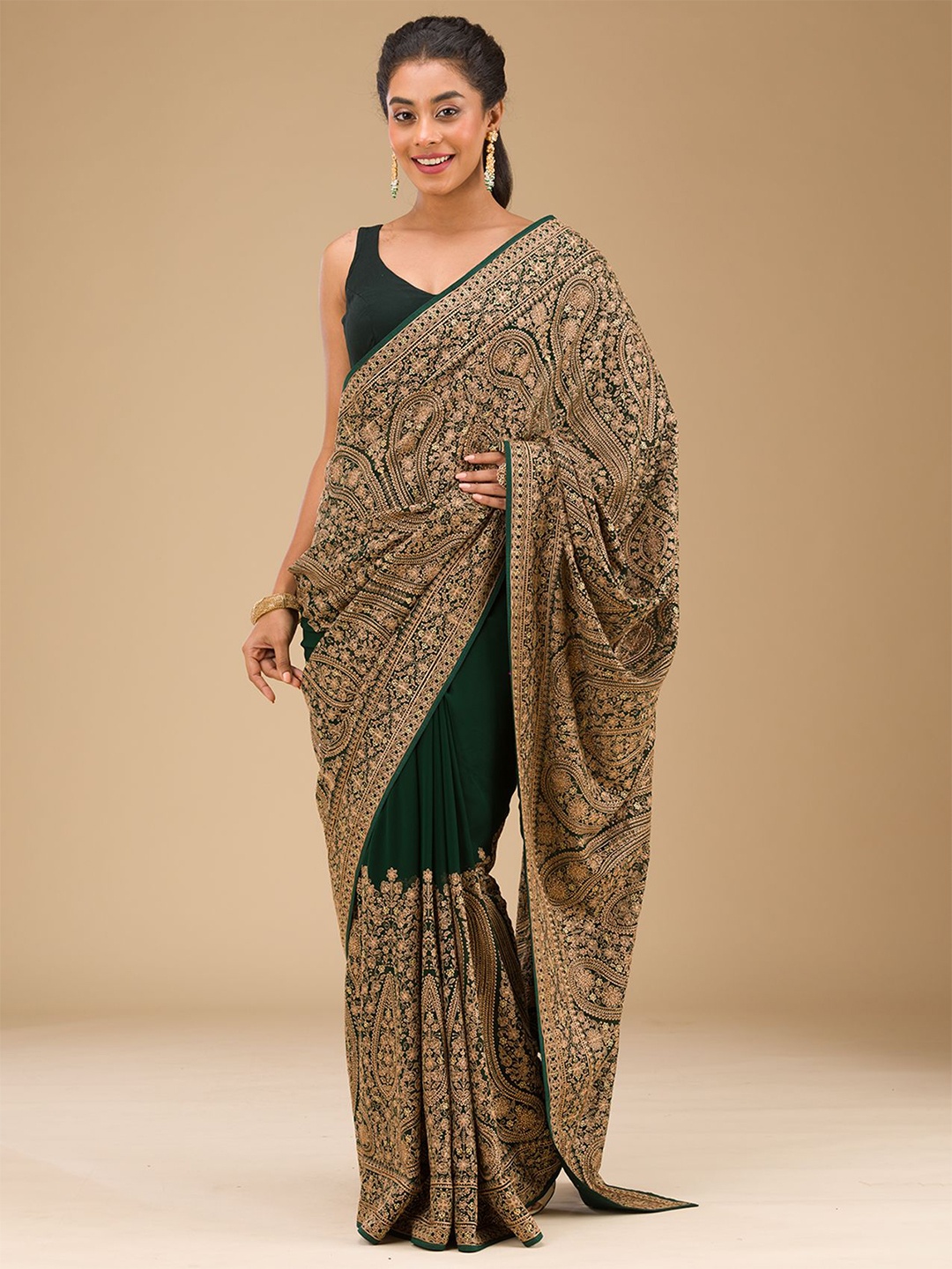 

Koskii Paisley Embroidered Bottle Green Zariwork Georgette Saree