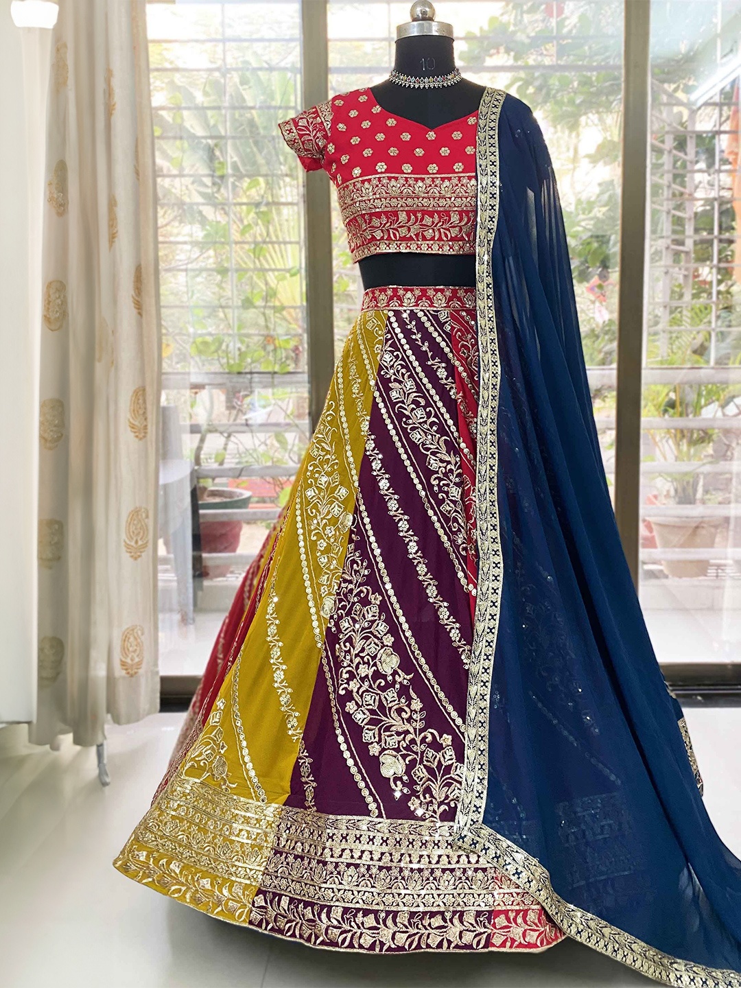 

VILLE FASHION Embroidered Sequinned Semi-Stitched Lehenga & Unstitched Blouse With Dupatta, Red