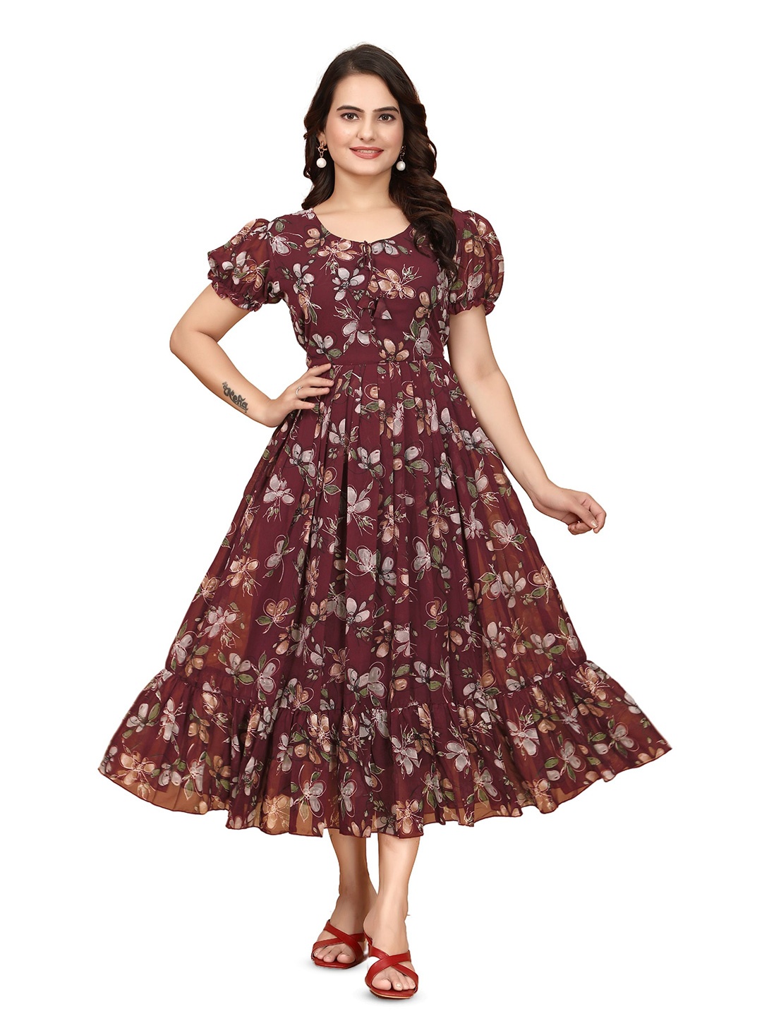 

Anouk Women Floral Printed Fit and Flare Maxi Dress, Brown