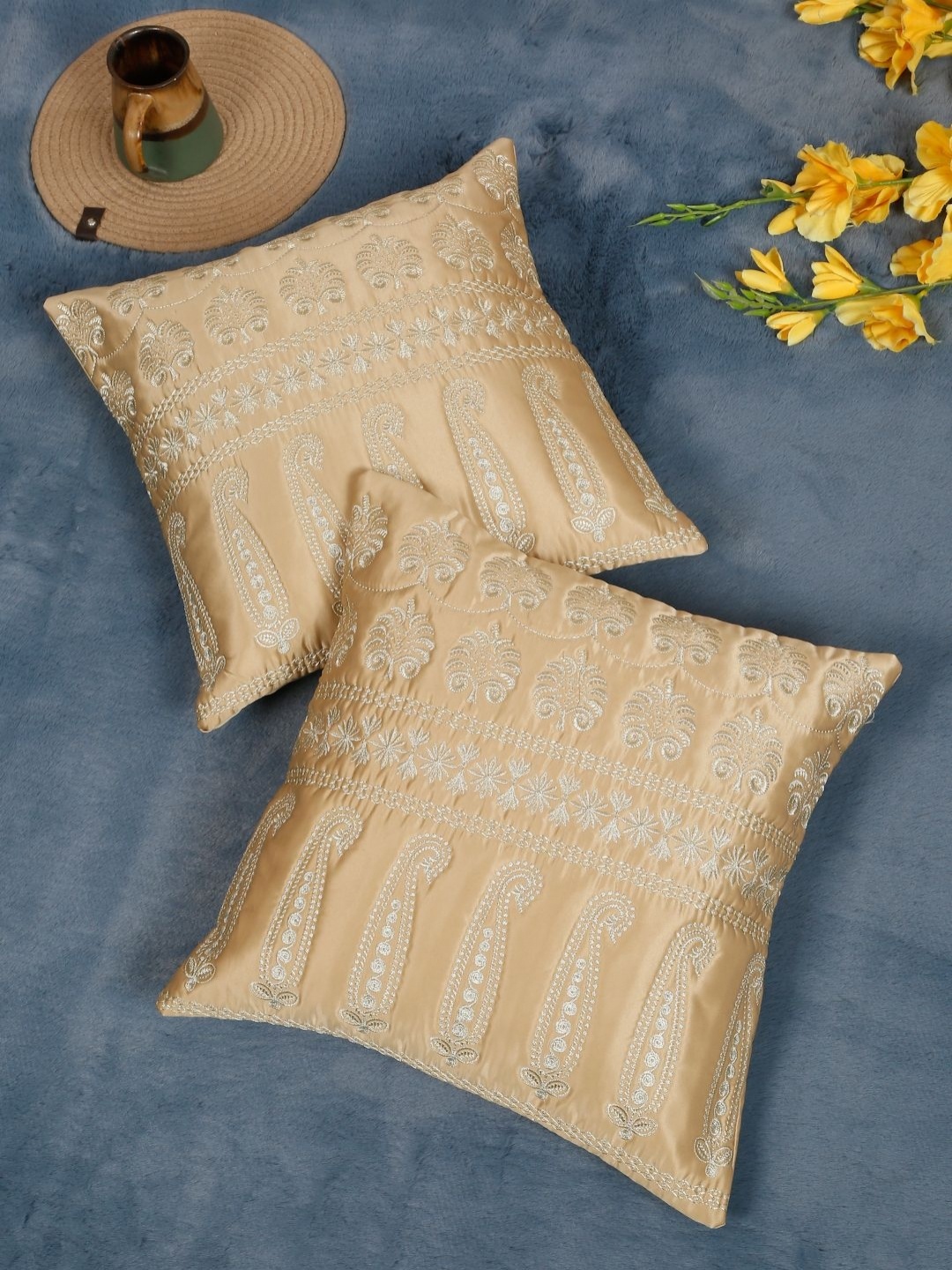 

SOKNACK Beige & Silver-Toned 2 Pieces Ethnic Motifs Square Cushion Covers