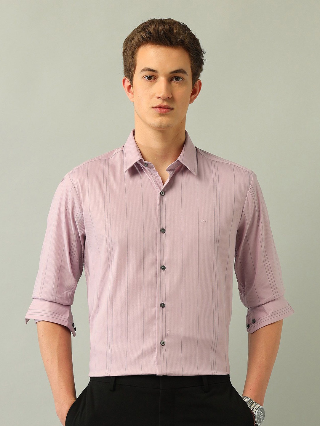 

Arrow New York Men Slim Fit Spread Collar Vertical Striped Cotton Formal Shirt, Mauve