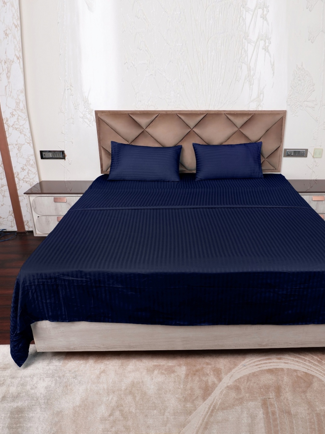 

AJISH Navy Blue Striped Pure Cotton 300 TC Queen Bedsheet with Set