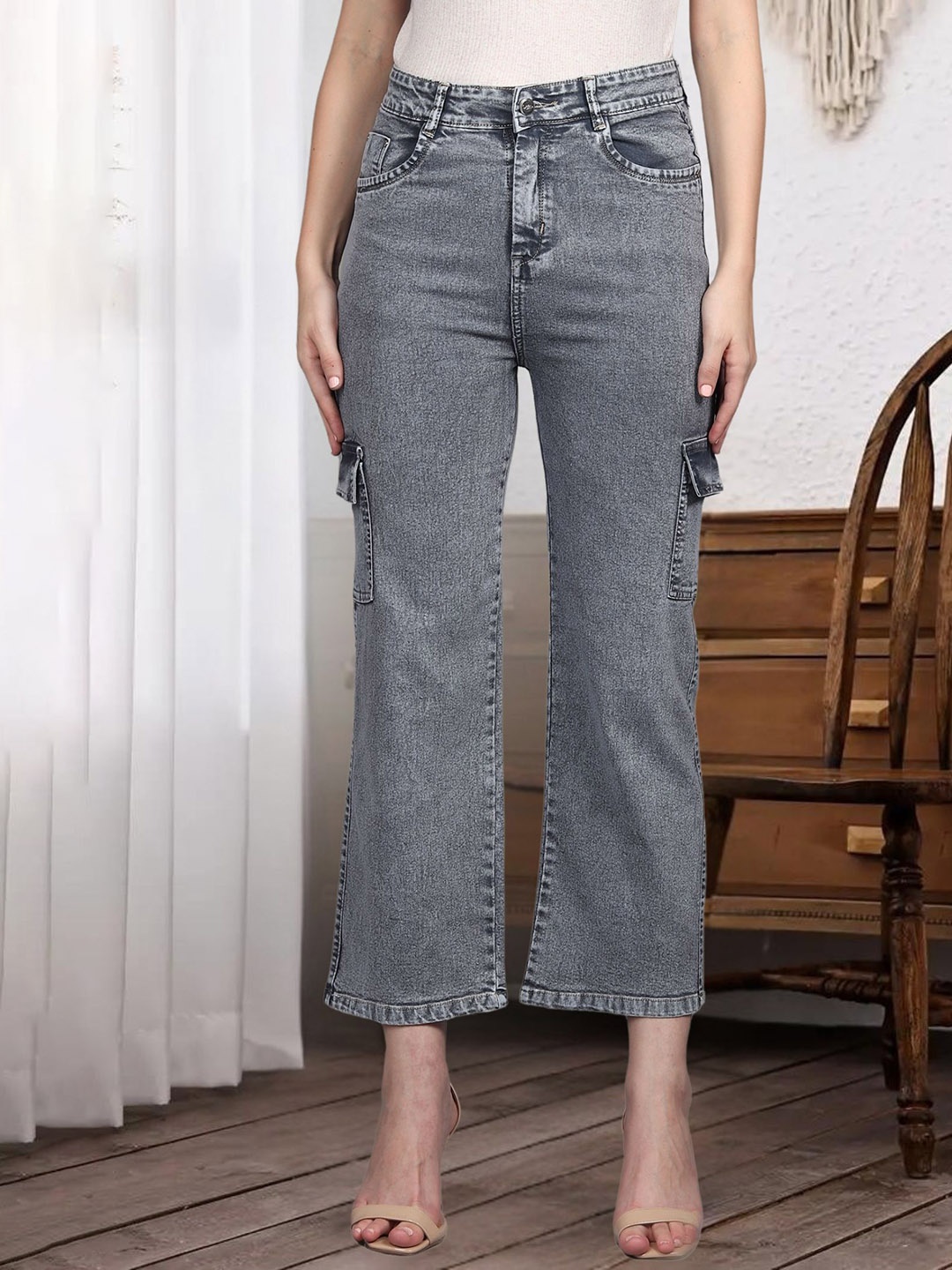

DressBerry Women Comfort Wide Leg High-Rise Light Fade Acid Wash Stretchable Jeans, Grey
