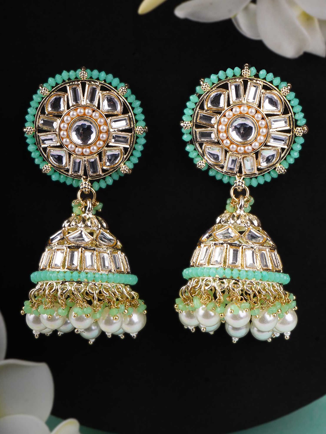 

Anouk Green Gold-Plated Artificial Studded And Beaded Dome Shaped Jhumkas