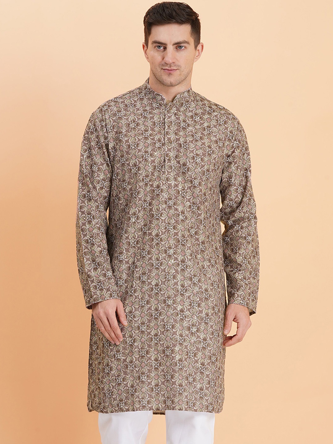 

SG LEMAN Men Ethnic Motifs Printed Mandarin Collar Kurta, Brown