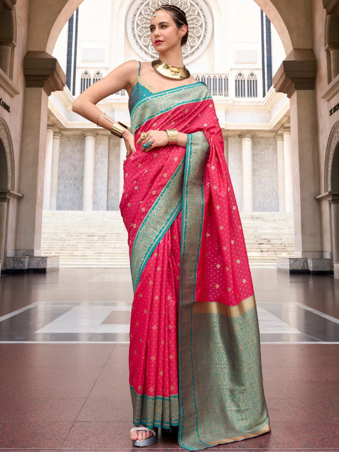 

Mitera Woven Design Zari Silk Blend Banarasi Saree, Pink