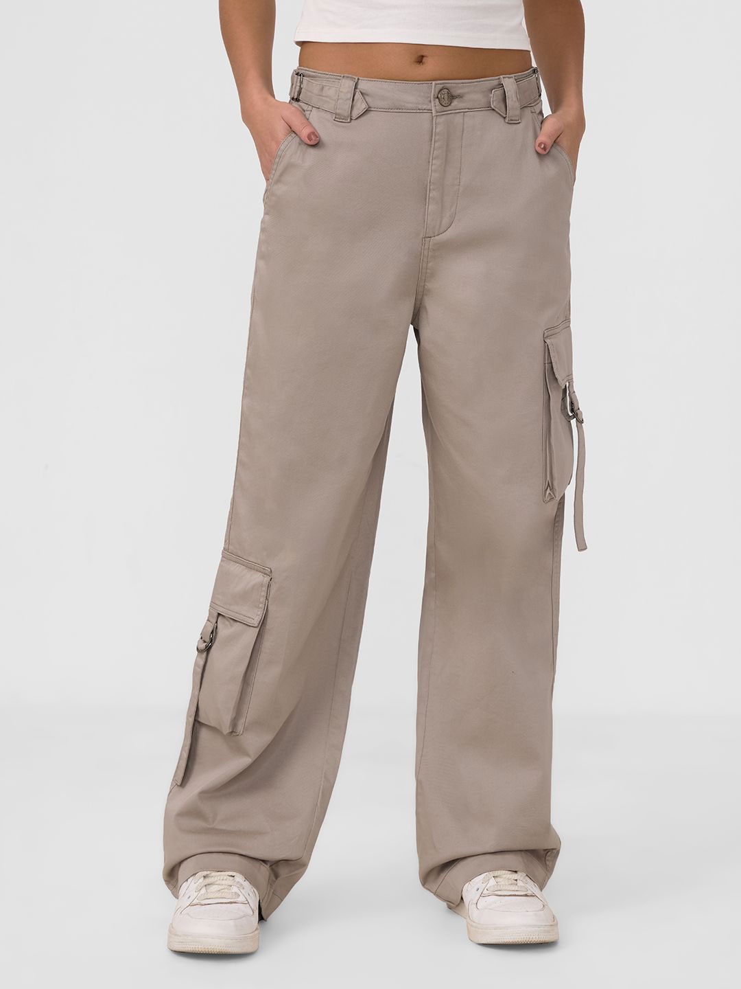 

The Souled Store Women Straight Fit Cargos Trousers, Taupe