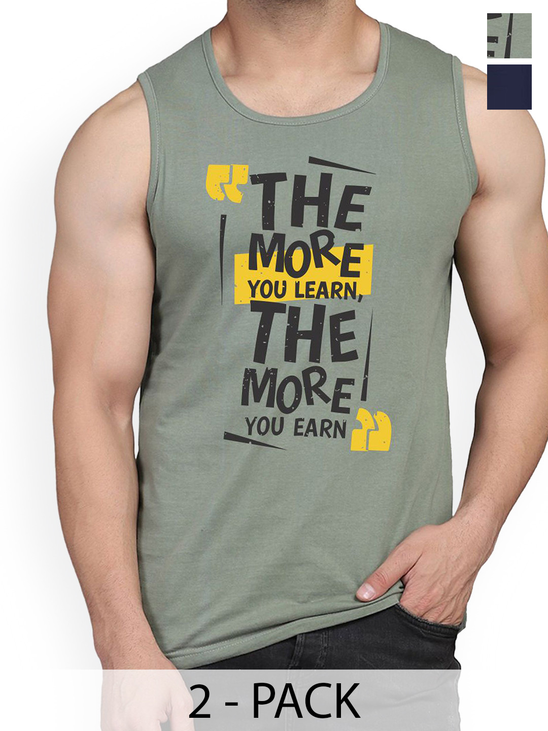 

WOOSTRO Men Pack Of 2 Printed Cotton Gym Vests, Navy blue