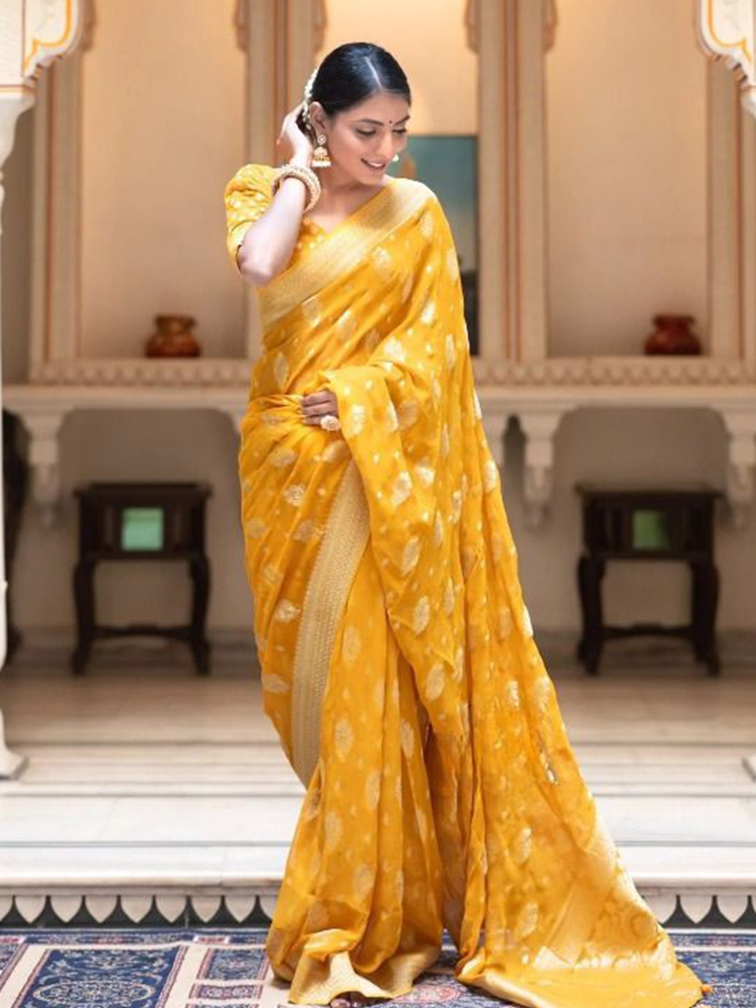 

bansari textiles Woven Design Zari Patola Saree, Yellow