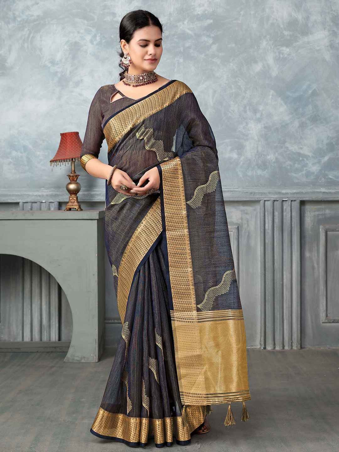 

Blissta Woven Design Zari Tissue Saree, Navy blue