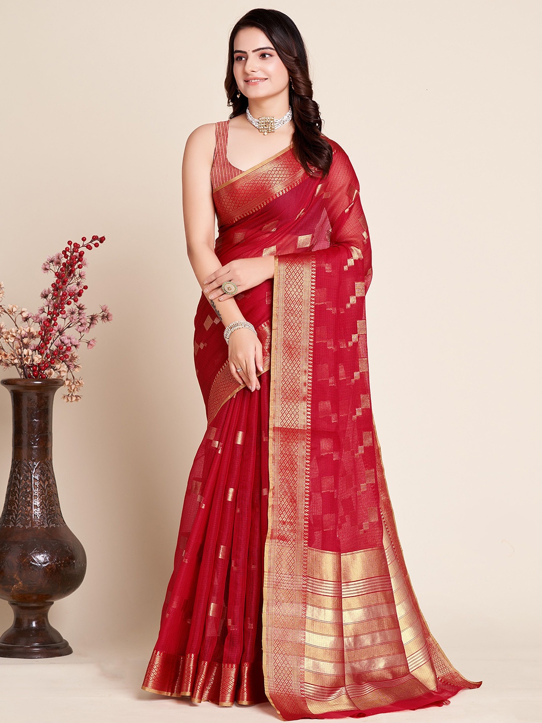 

bansari textiles Woven Design Zari Banarasi Saree, Red