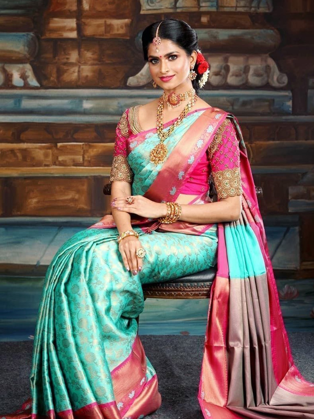 

bansari textiles Woven Design Zari Pure Cotton Kanjeevaram Saree, Blue