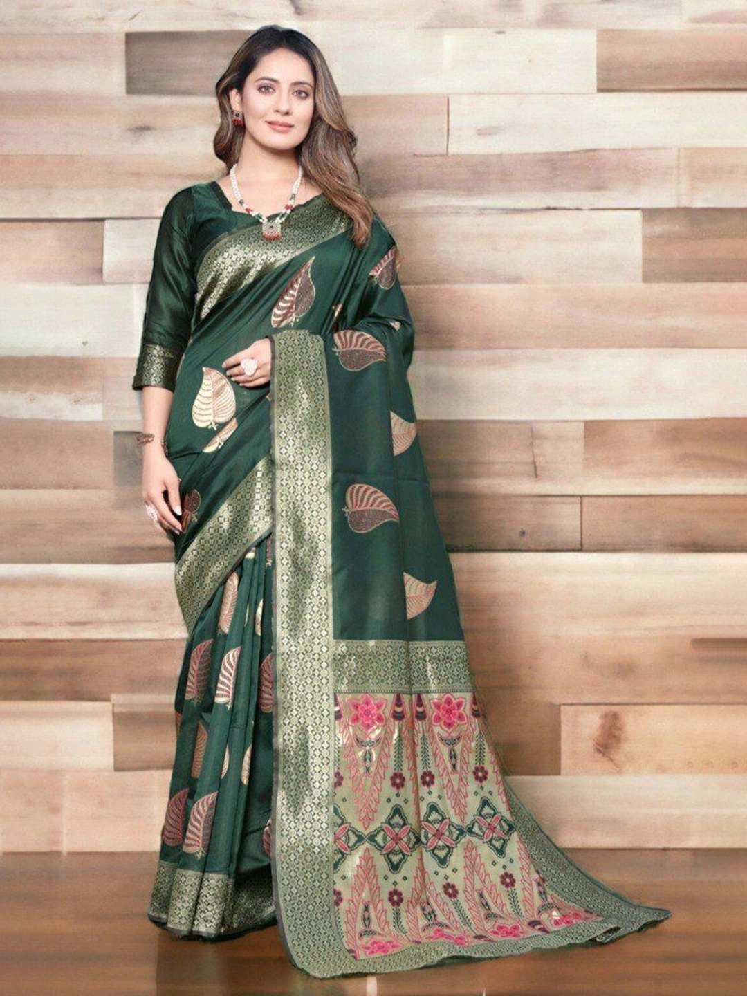 

bansari textiles Woven Design Zari Banarasi Saree, Green