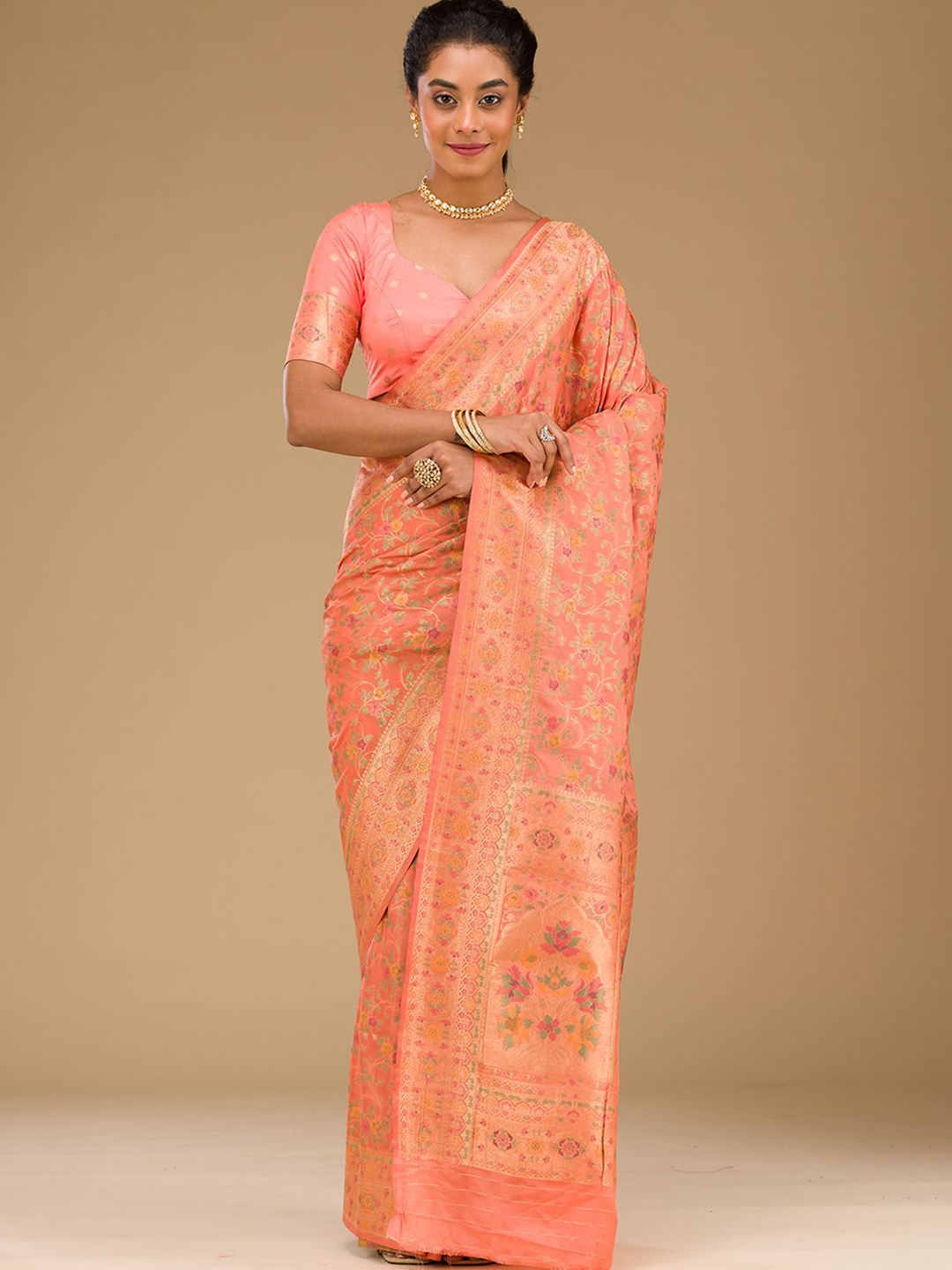 

Koskii Peach Zari Work Art Silk Saree