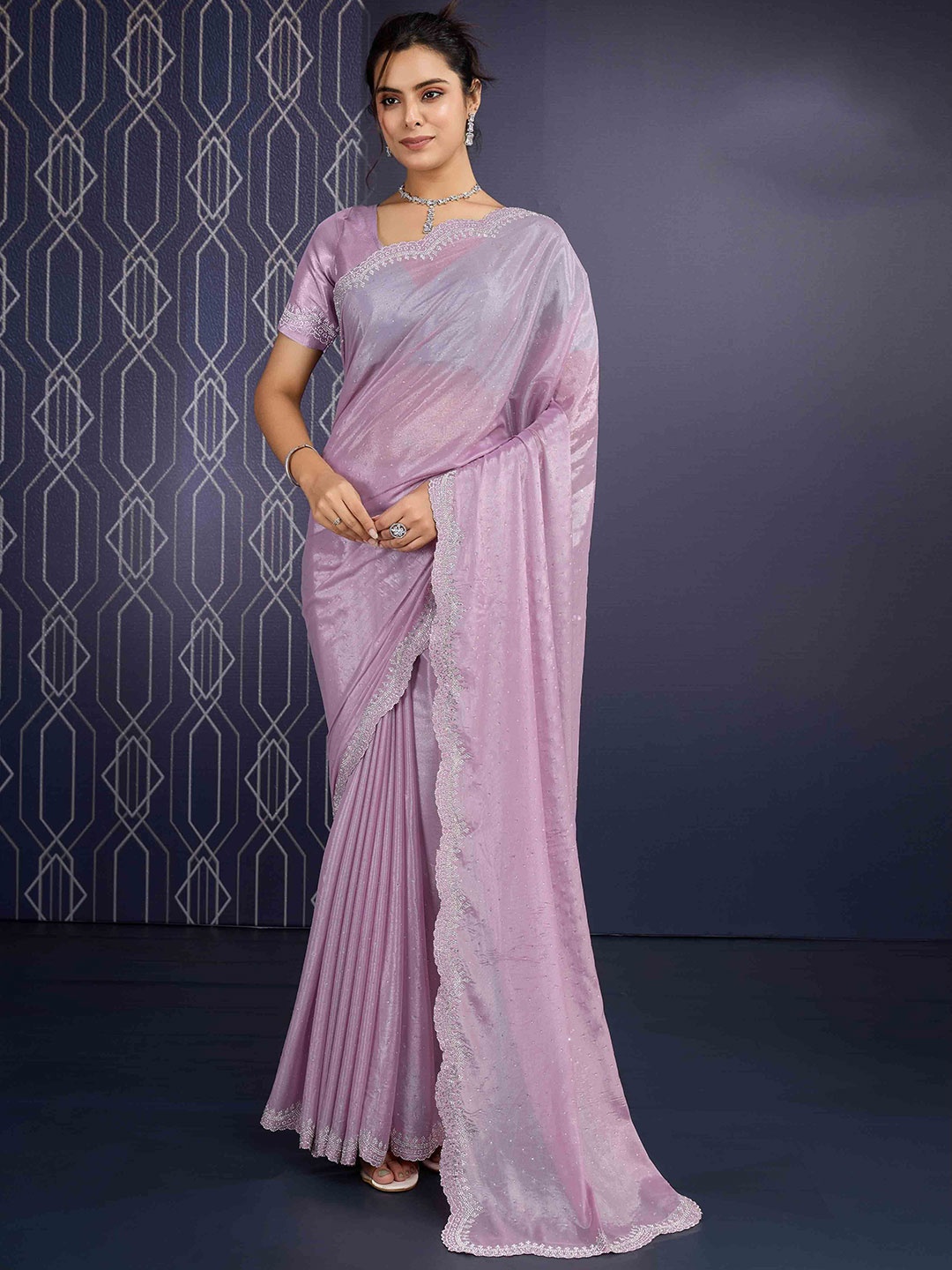 

Blissta Embellished Beads and Stones Poly Georgette Saree, Lavender