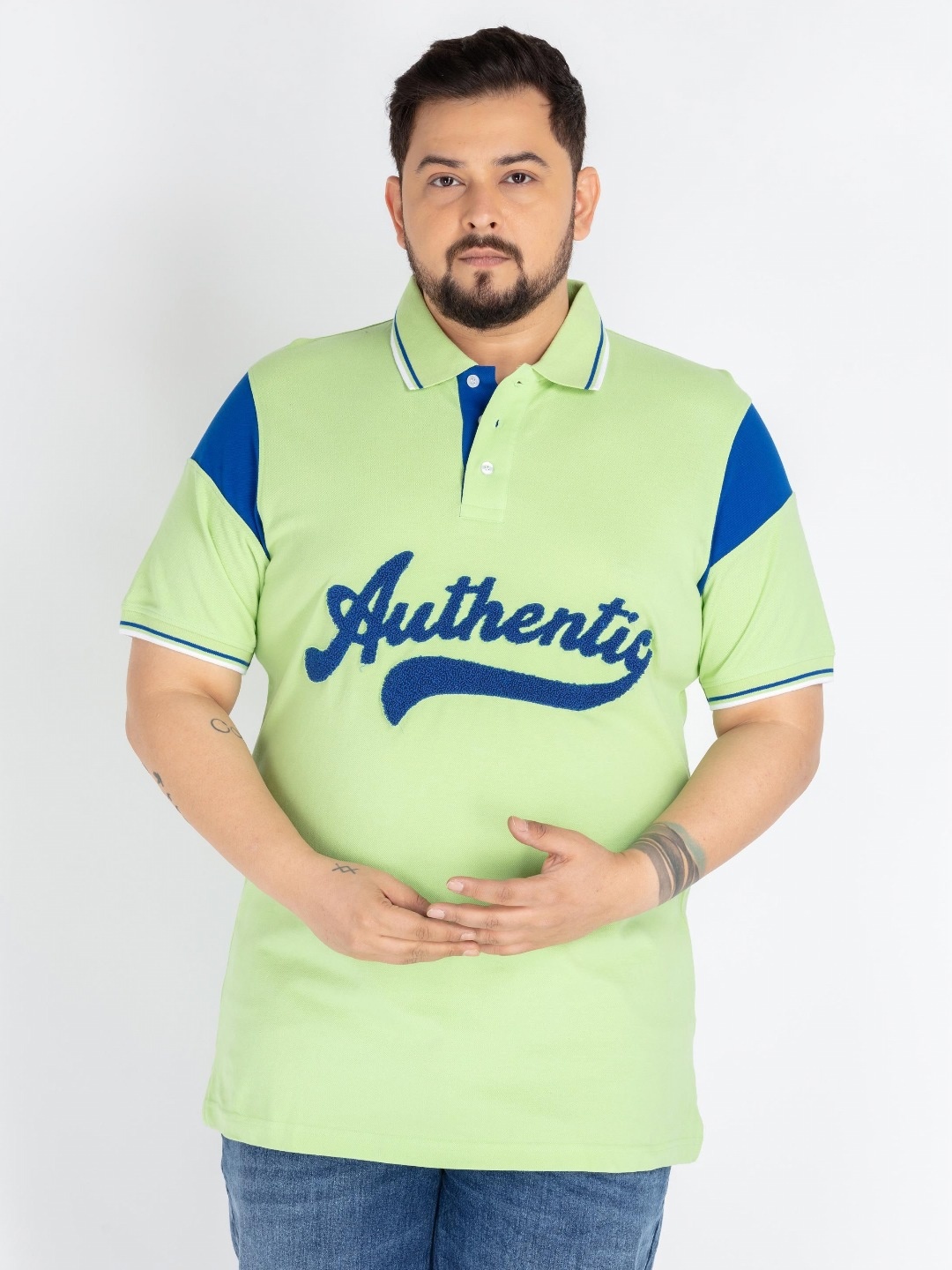

UNSIZED Men Plus Size Typography Printed Polo Collar Cotton T-shirt, Green