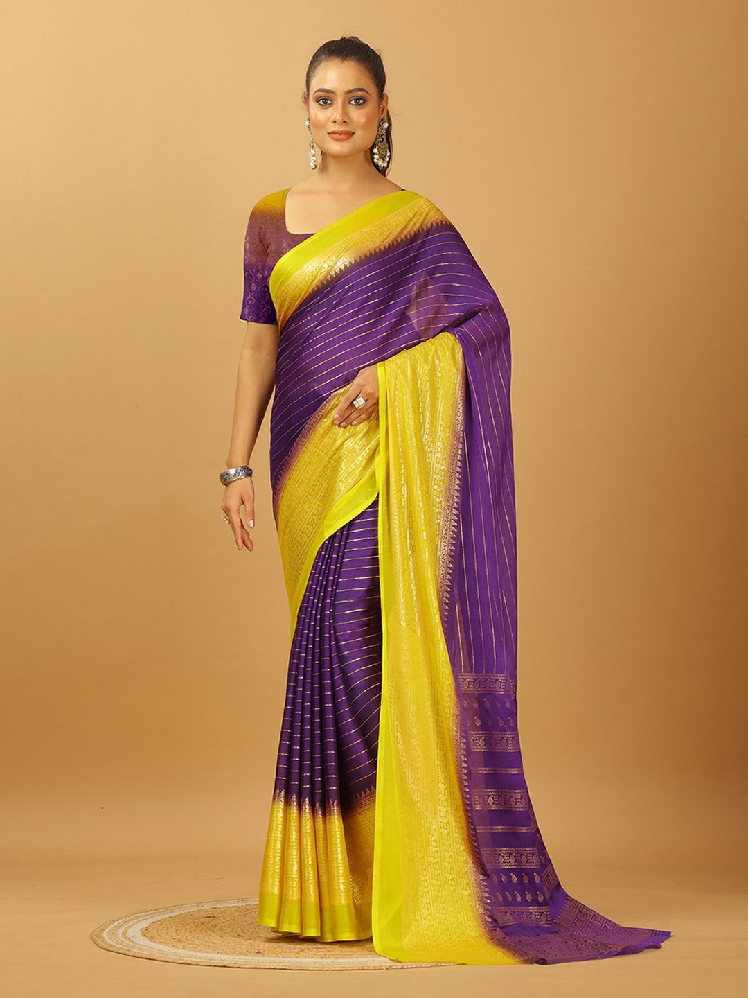 

A.V.M. SILK MILLS Striped Zari Pure Crepe Saree, Purple