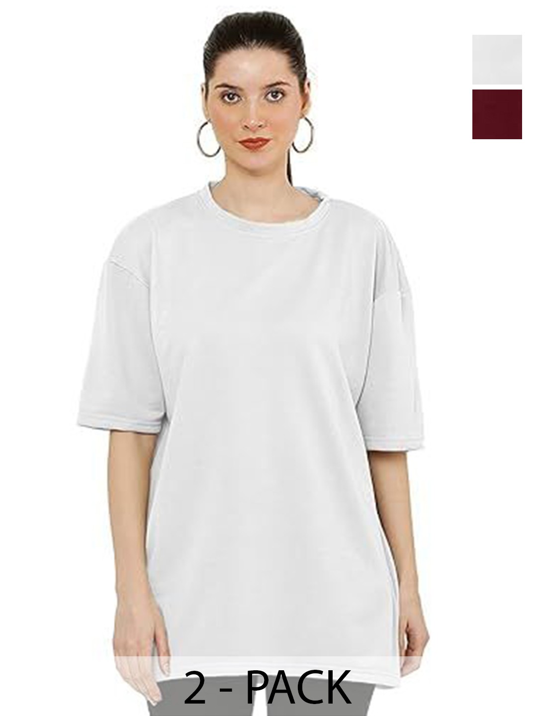 

NOTWILD Women Pack Of 2 Solid Round Neck Cotton Relaxed Fit T-shirts, Maroon