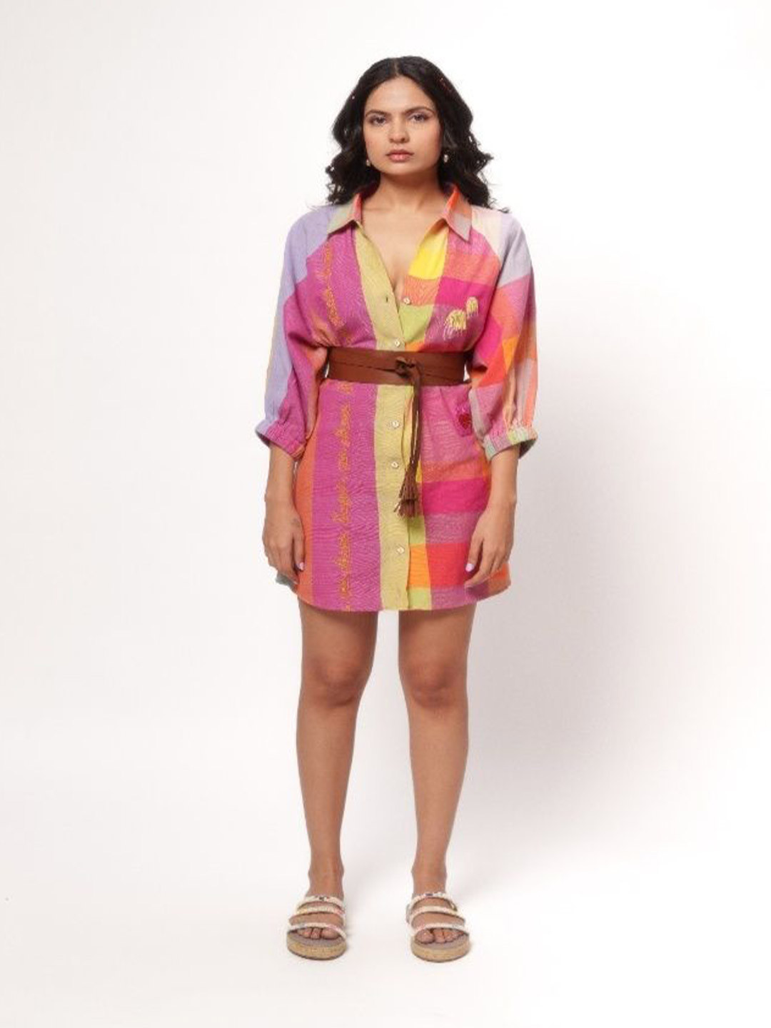 

LABEL SUGAR Women Colourblocked Embroidered Cotton Shirt Mini Dress, Pink