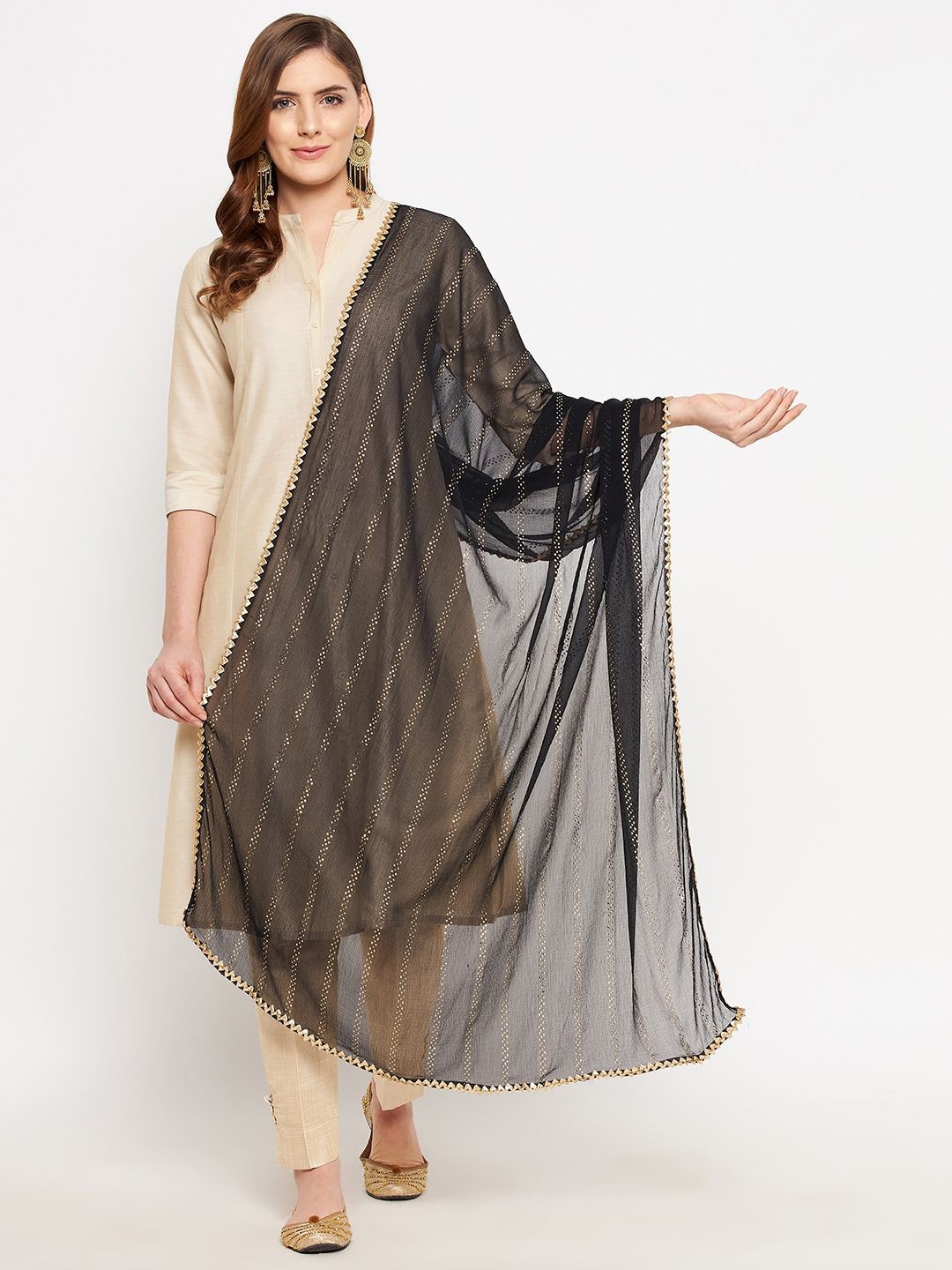 

Clora Creation Striped Dupatta With Gotta Patti, Black