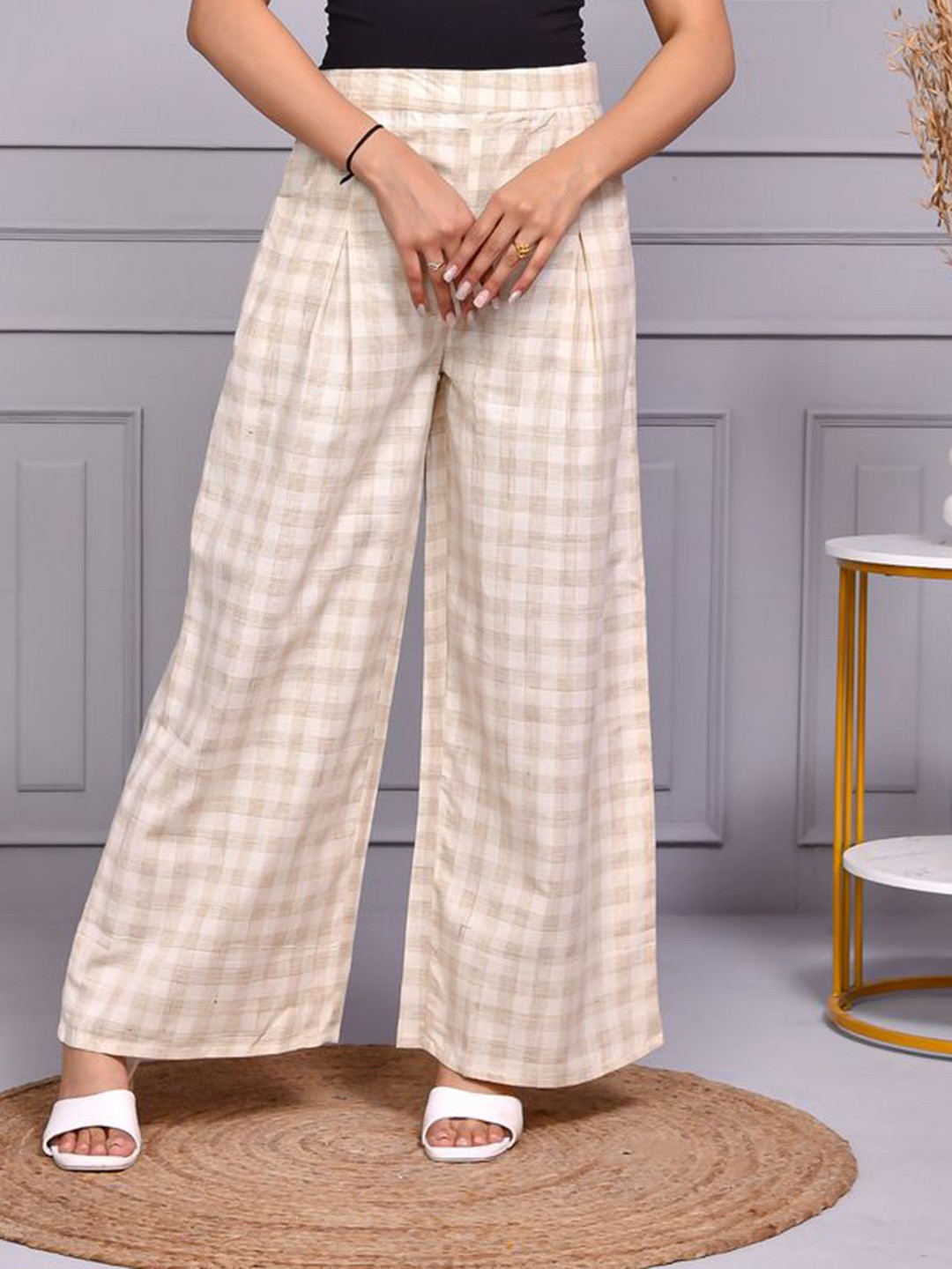 

Aspriya Women Check Straight Cotton Palazzo, Cream