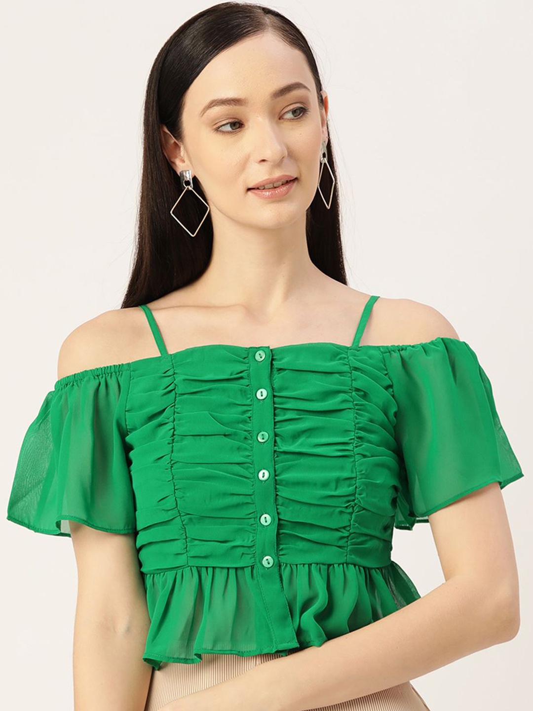 

Moda Rapido Women Flutter Sleeve Crop Bardot Top, Green