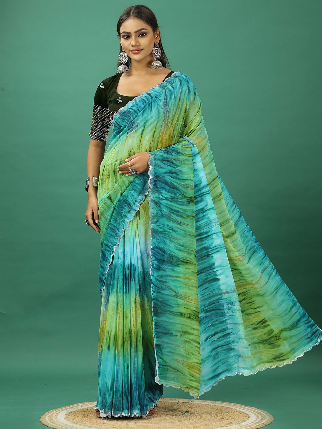 

A.V.M. SILK MILLS Tie and Dye Pure Georgette Saree, Turquoise blue