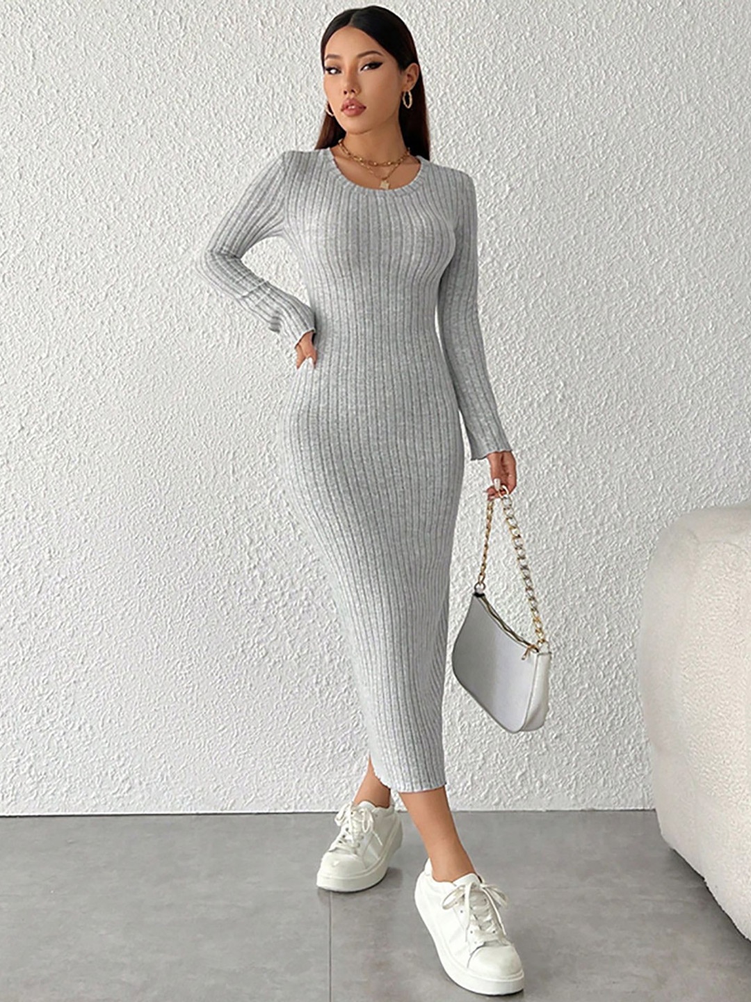 

StyleCast x Revolte Striped Bodycon Midi Dress, Grey