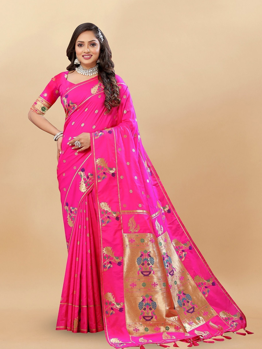 

bansari textiles Woven Design Pure Cotton Paithani Saree, Pink