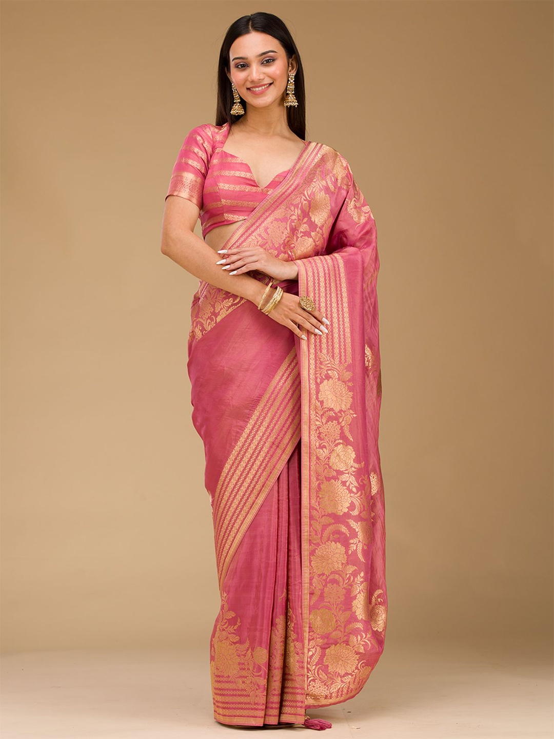 

Koskii Woven Design Onion Pink Zari Work Raw Silk Saree