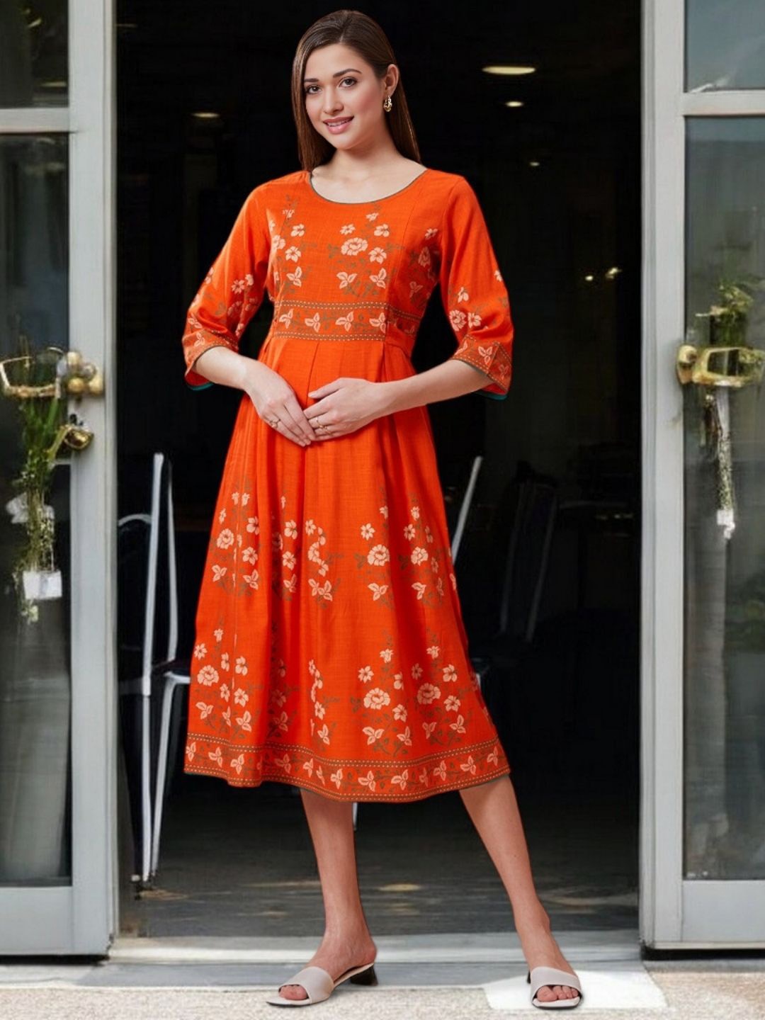 

True Shape Women Printed Floral Maternity Anarkali Kurta, Orange