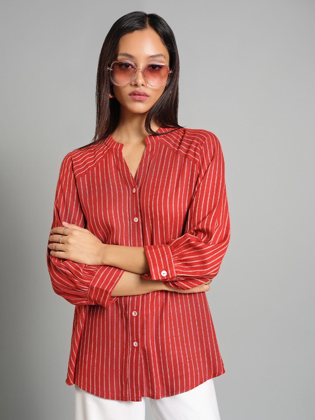 

AND Striped Mandarin Collar Puff Sleeve Shirt Style Top, Rust
