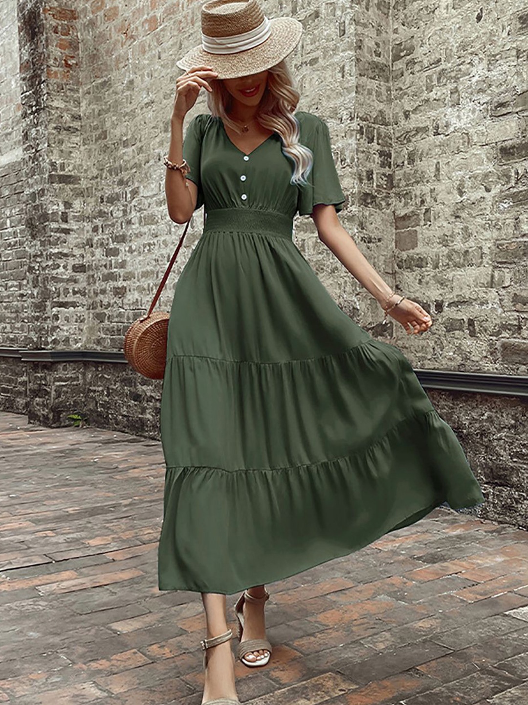 

StyleCast x Revolte Flared Sleeve Smocked Fit & Flare Midi Dress, Green