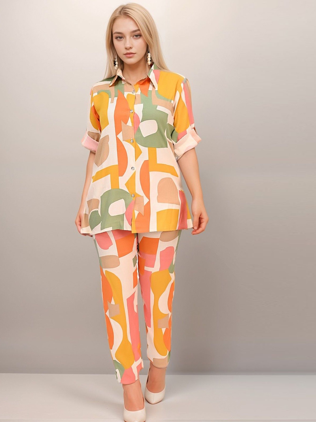 

NEYSA Abstract Printed Shirt Collar Shirt With Trouser, Orange