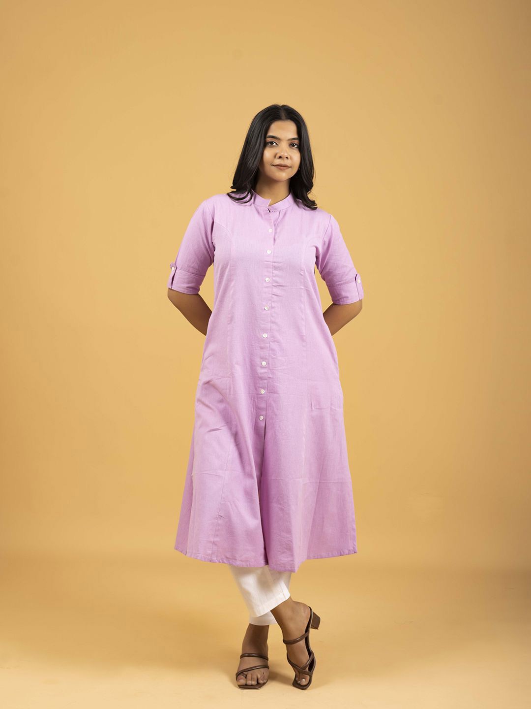 

SPARSA High Slit Mandarin Collar Pure Cotton A-line Kurta, Lavender