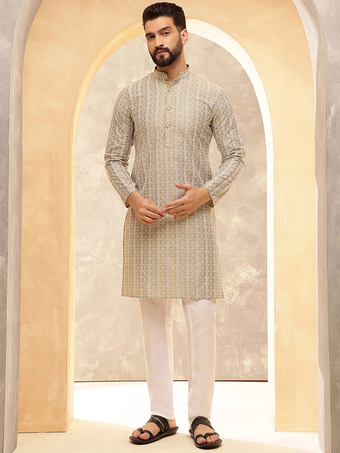 

Anouk Brown & White Band Collar Geometric Embroidered Pure Cotton Straight Kurta