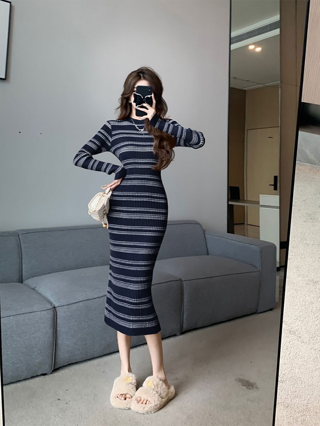 

StyleCast x Revolte Striped Bodycon Midi Dress, Black