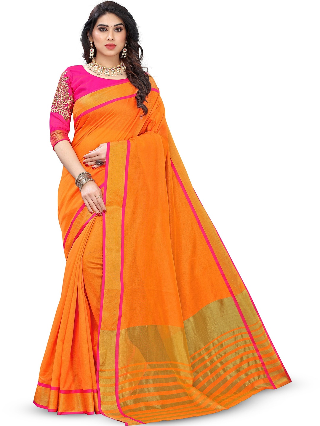 

bansari textiles Zari Tussar Saree, Orange