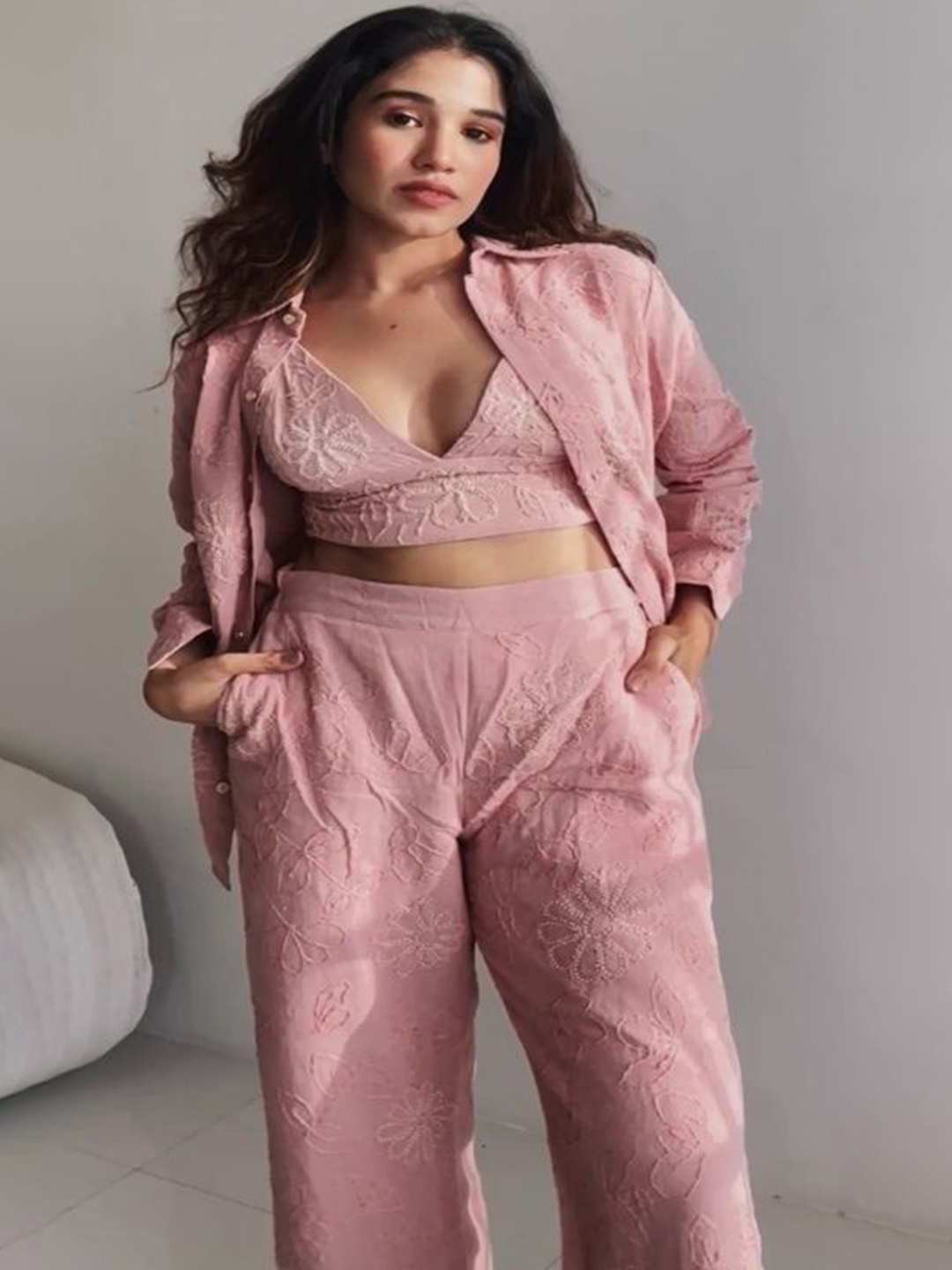 

LABEL SUGAR Floral Embroidered Linen V-Neck Top With Shirt And Trouser, Pink