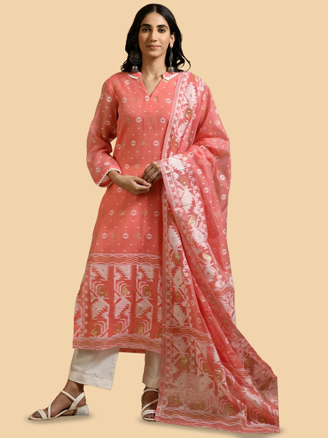 

Kasturi Creations Floral Woven Design Pure Cotton Kurta With Trousers And Dupatta, Peach