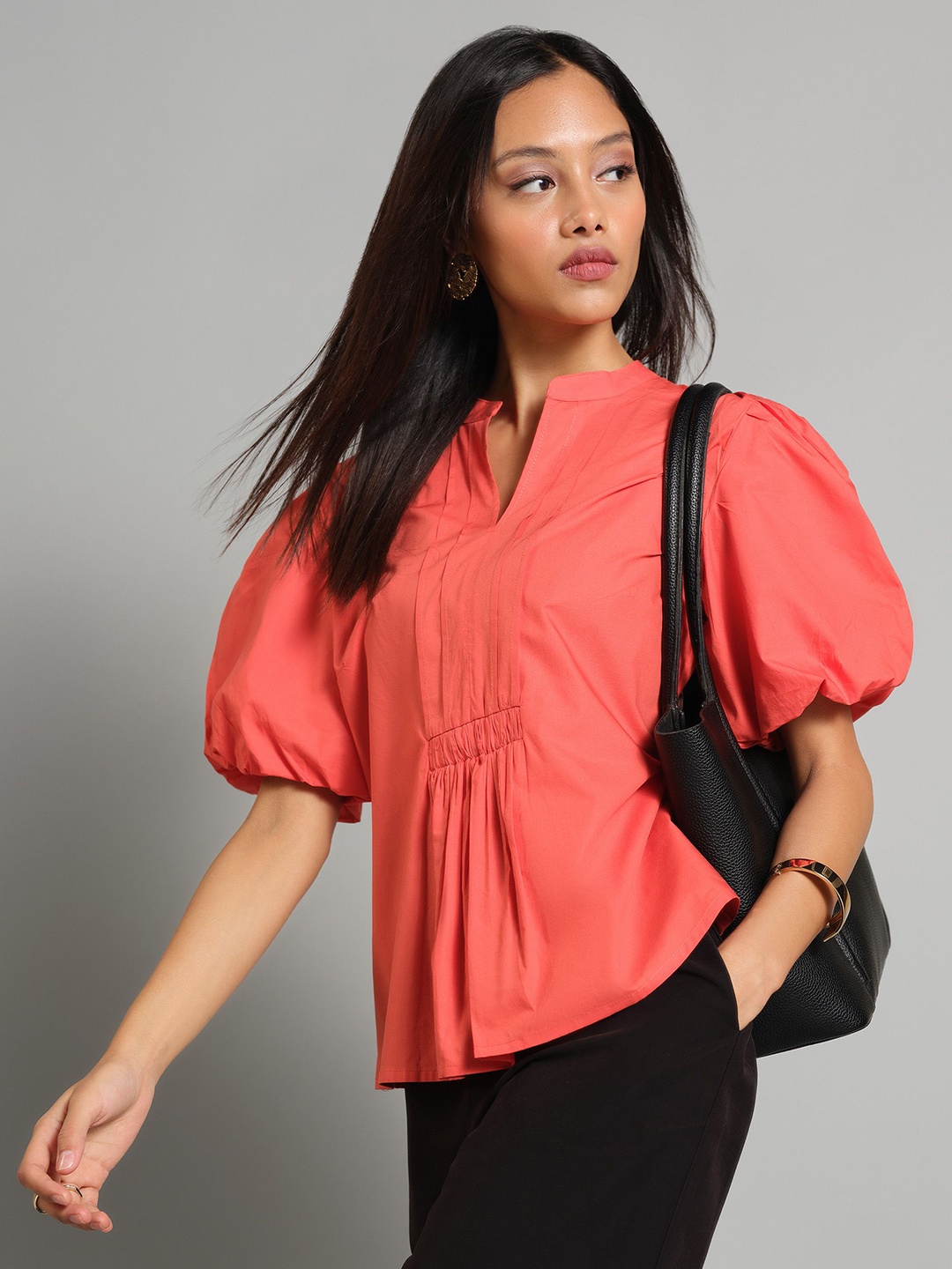 

AND Women Mandarin Collar Puff Sleeve Cotton Top, Orange