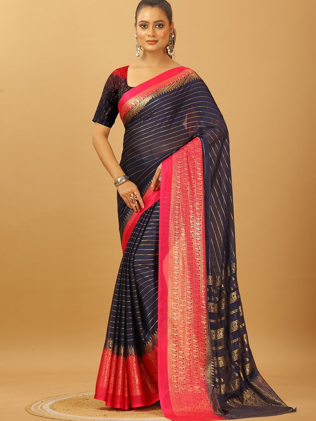 

A.V.M. SILK MILLS Woven Design Zari Pure Crepe Saree, Navy blue