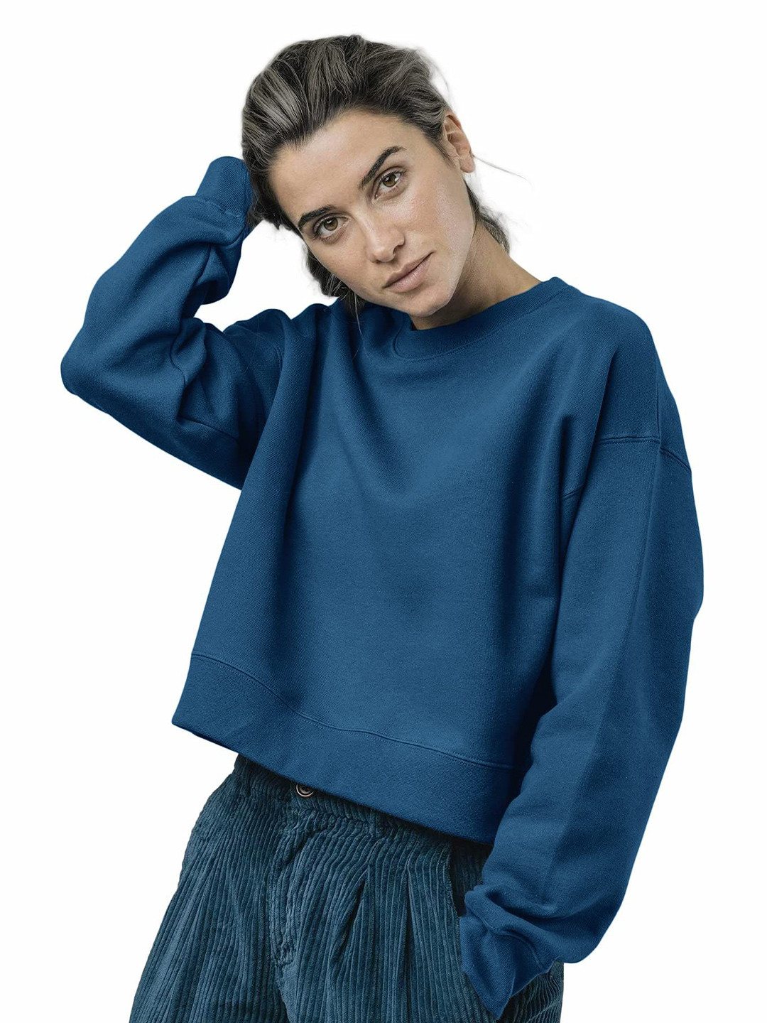 

NOTWILD Women Cotton Pullover Crop Sweatshirt, Navy blue