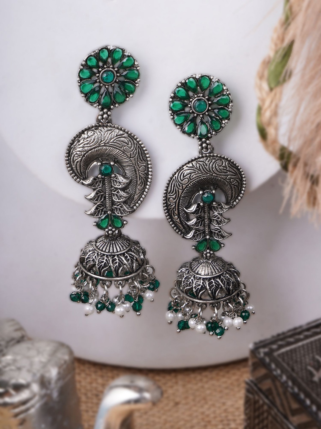 

Sangria Green Silver-Plated Stones Studded & Beaded Dome Shaped Oxidised Jhumkas