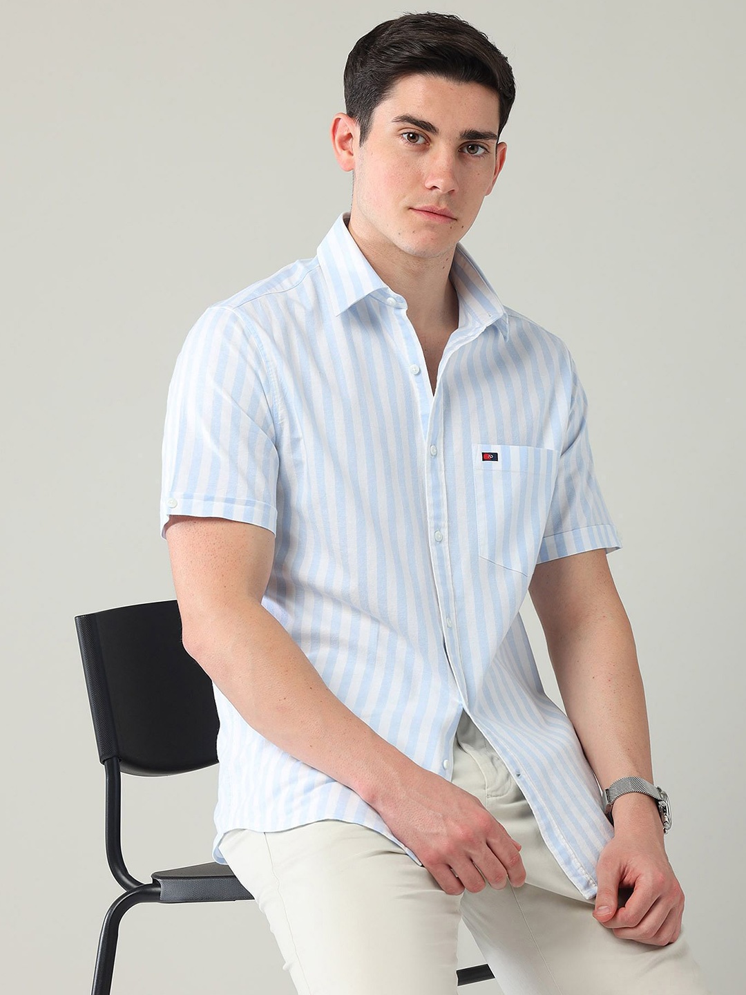 

AD By Arvind Men Slim Fit Spread Collar Vertical Striped Cotton Casual Shirt, Blue