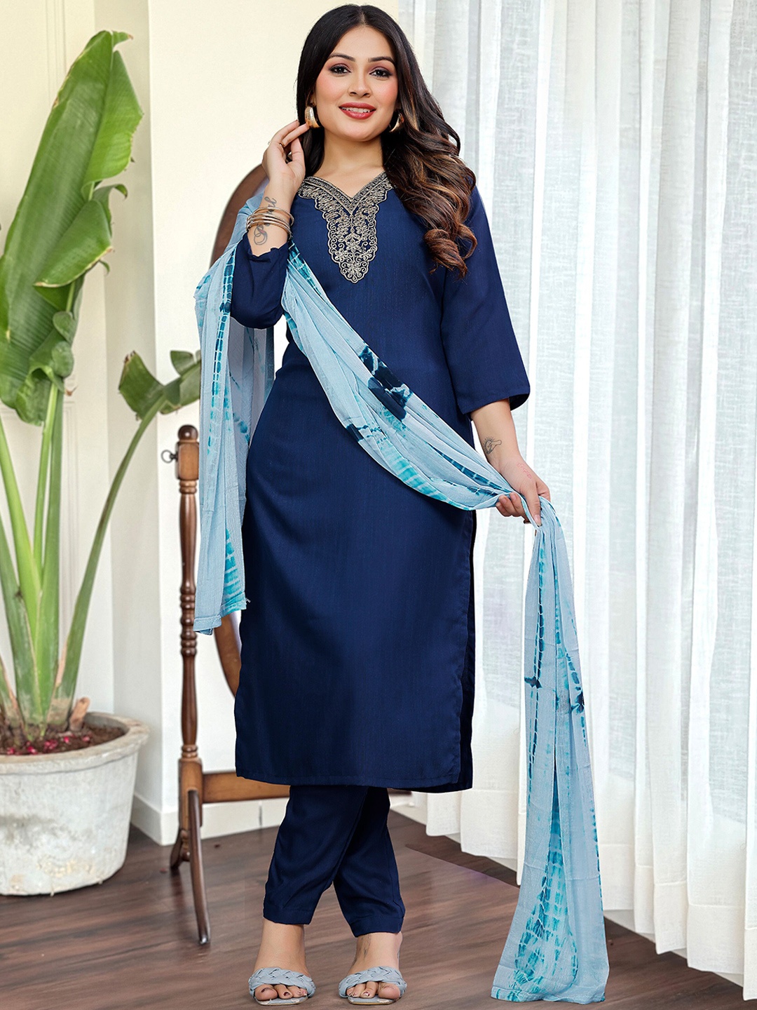 

ZIBLON Ethnic Motifs Embroidered Pure Silk V-Neck Straight Kurta With Trousers And Dupatta, Blue