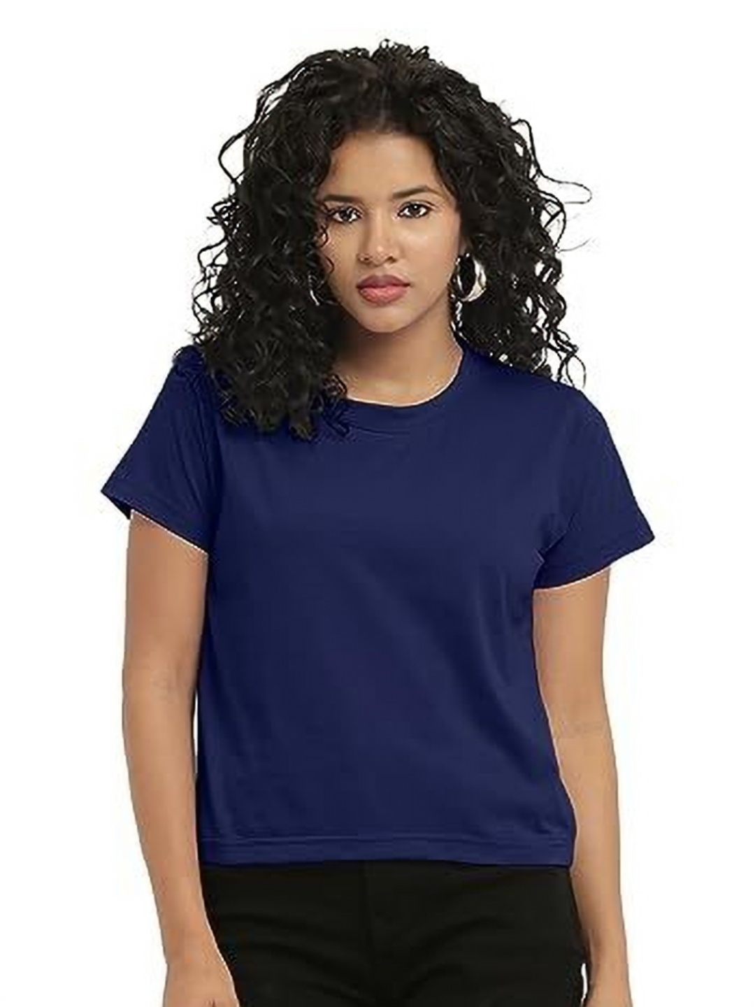 

NOTWILD Women Solid Round Neck Cotton T-shirt, Navy blue