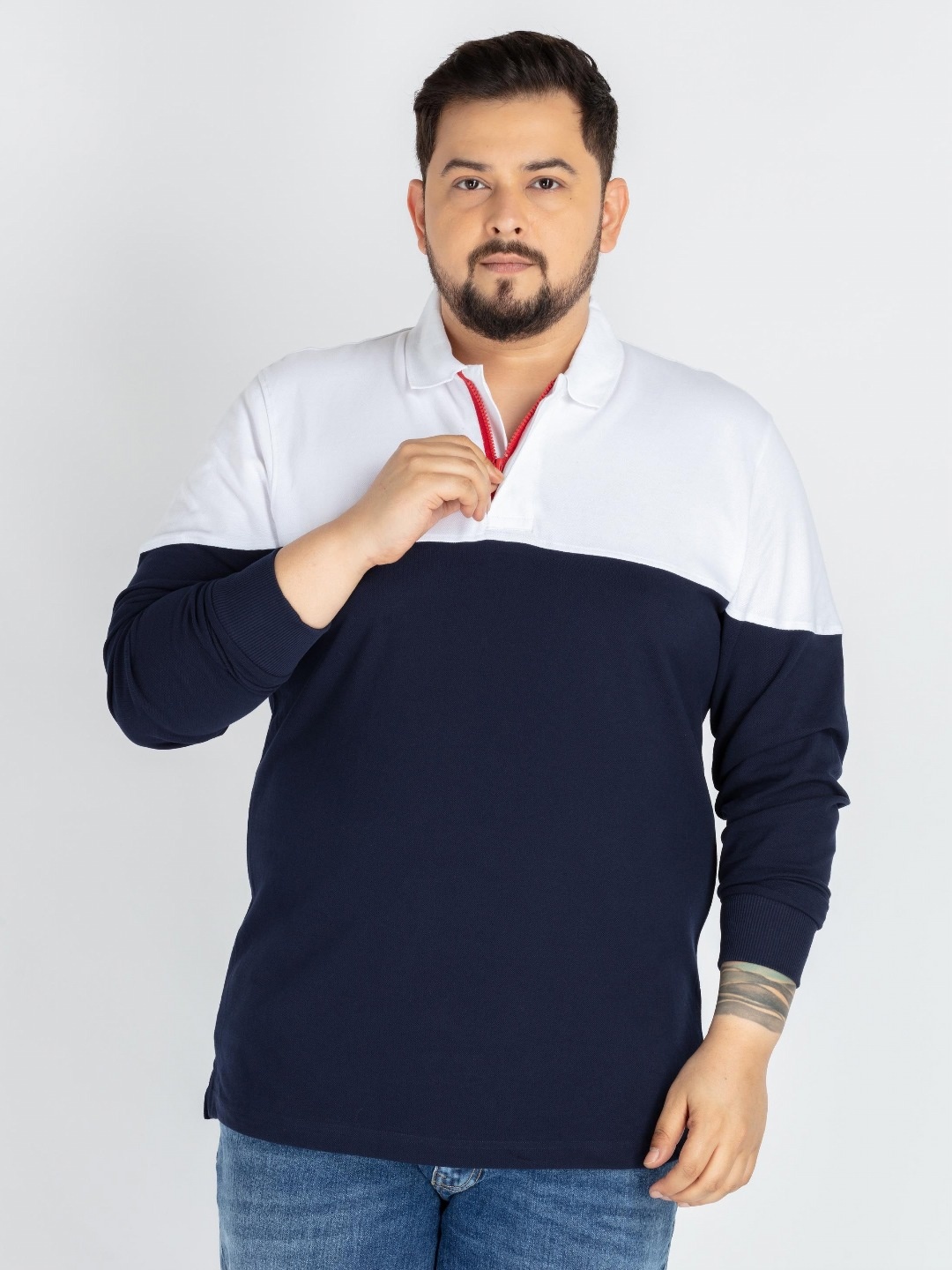 

UNSIZED Men Plus Size Colourblocked Polo Collar Cotton T-shirt, Navy blue